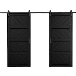 72 in. x 84 in.（Two 36 in. Slabs）Black 4 Lite Wave Shape Prefinished Sliding Barn Door with Hardware Kit