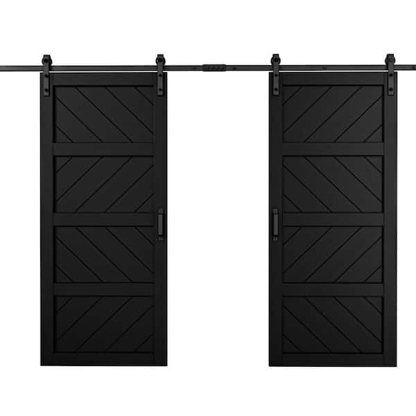 72 in. x 84 in. (Two 36 in. Slabs) Black 4 Lite Wave Shape Prefinished Sliding Barn Door with Hardware Kit