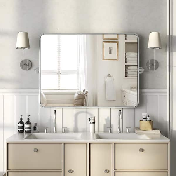 Belleflor 30 in. W x 40 in. H Classic Rectangular Metal Frame Silver Adjustable Vanity Mirror / Bathroom Mirror