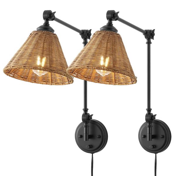 MLiAN 2-Light Indoor Swing Arm Wall Lamp with Rattan Lamp Shade (Set of 2), Black