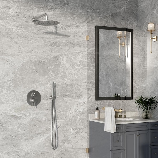 1-Spray Patterns Round 2-Functions 10 in. Wall Mount Dual Shower Heads with Handheld in Brushed Nickel