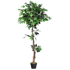 5 . 5 ft. Green Artificial Ficus Silk Tree with Wood Trunks in Pot, Faux Plants