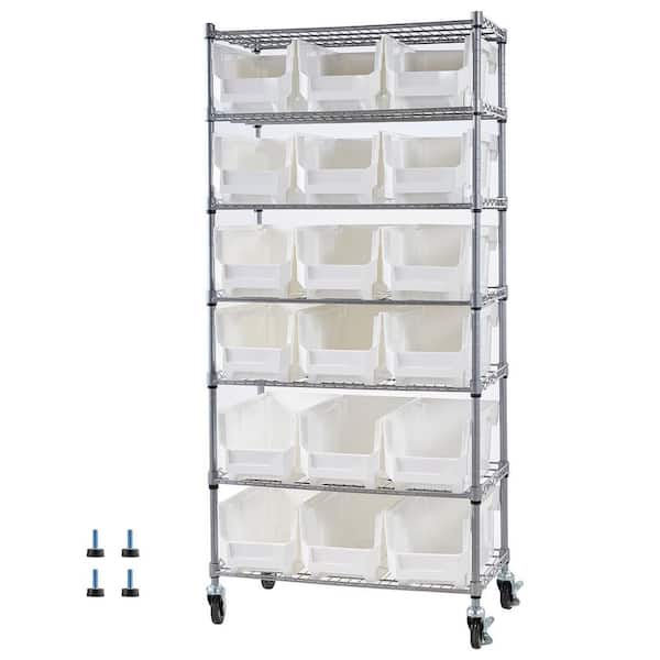7-Tier Rolling Bin Storage Rack, 18 Bins, Bin Rack Storage Steel Wire Shelving System with Wheels for Garage, 800 lbs.