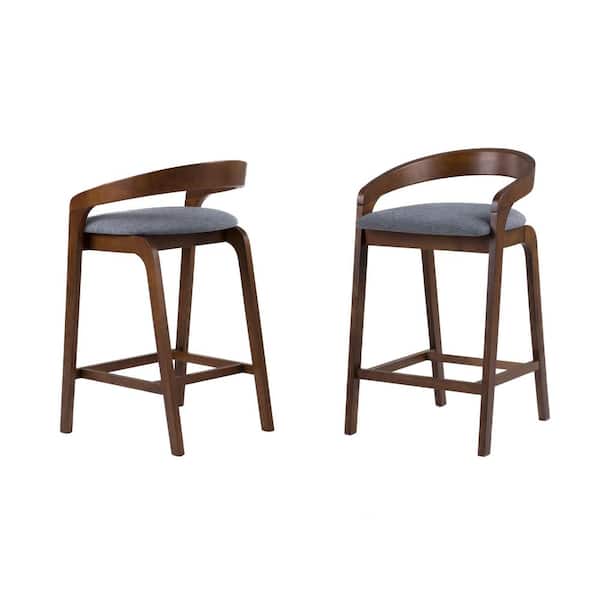 Modrest Vougler Modern 32.9 in. H Grey and Walnut Low Back Wood Counter Stool with Fabric Seat