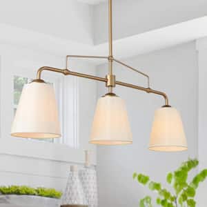 Farmhouse Gold Dining Room Chandelier, 32 in. 3-Light Modern Linear Island Chandelier with Fabric Shades