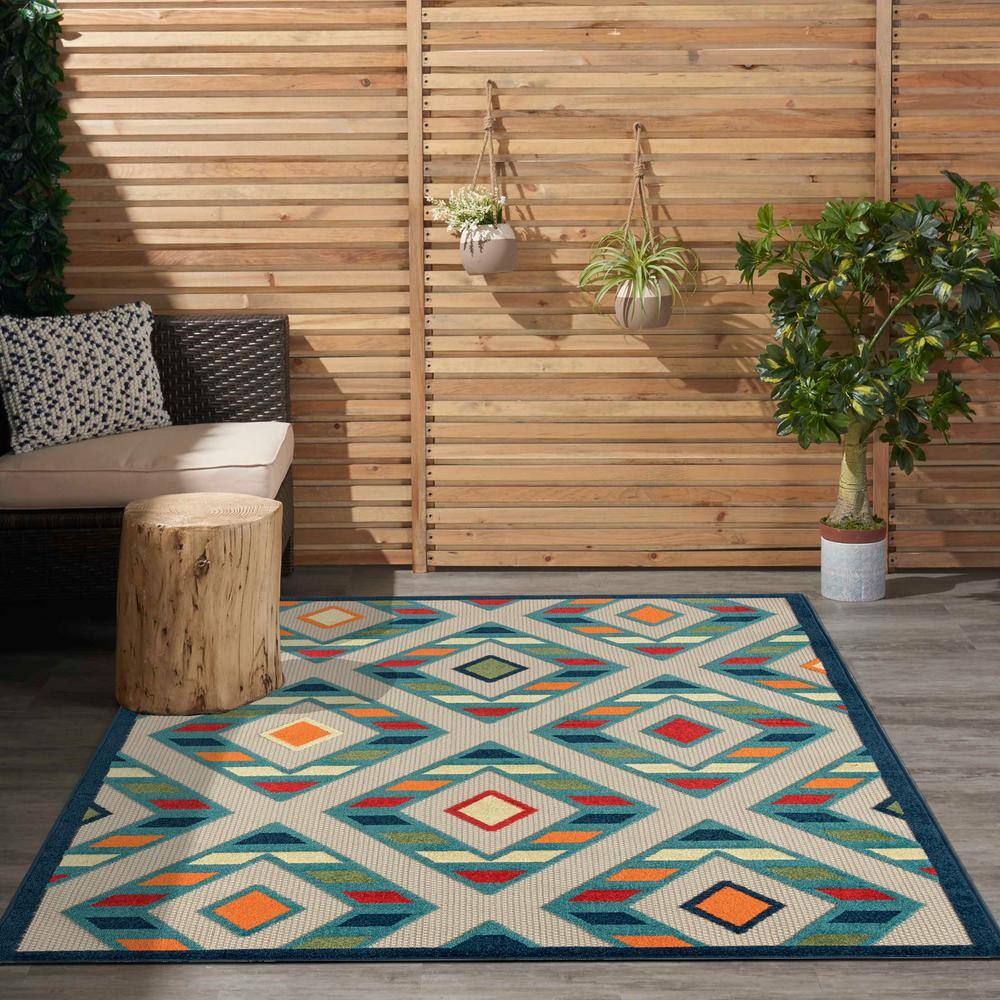 Reversible Rectangular Blue Geometric Easy-Care Area Rug