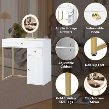 Polibi 2-Drawers White/Gold Makeup Vanity Table Wooden Dressing Desk with 3 Lighting Modes Mirror, 1 Cabinet RS-39578306K