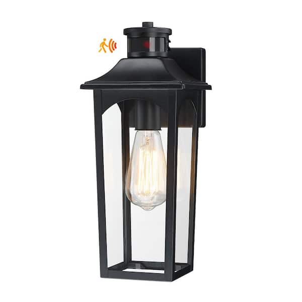 pasentel 14.25 in. Black Motion Sensing Outdoor Hardwired Wall Lantern Scone Light with No Bulbs Included