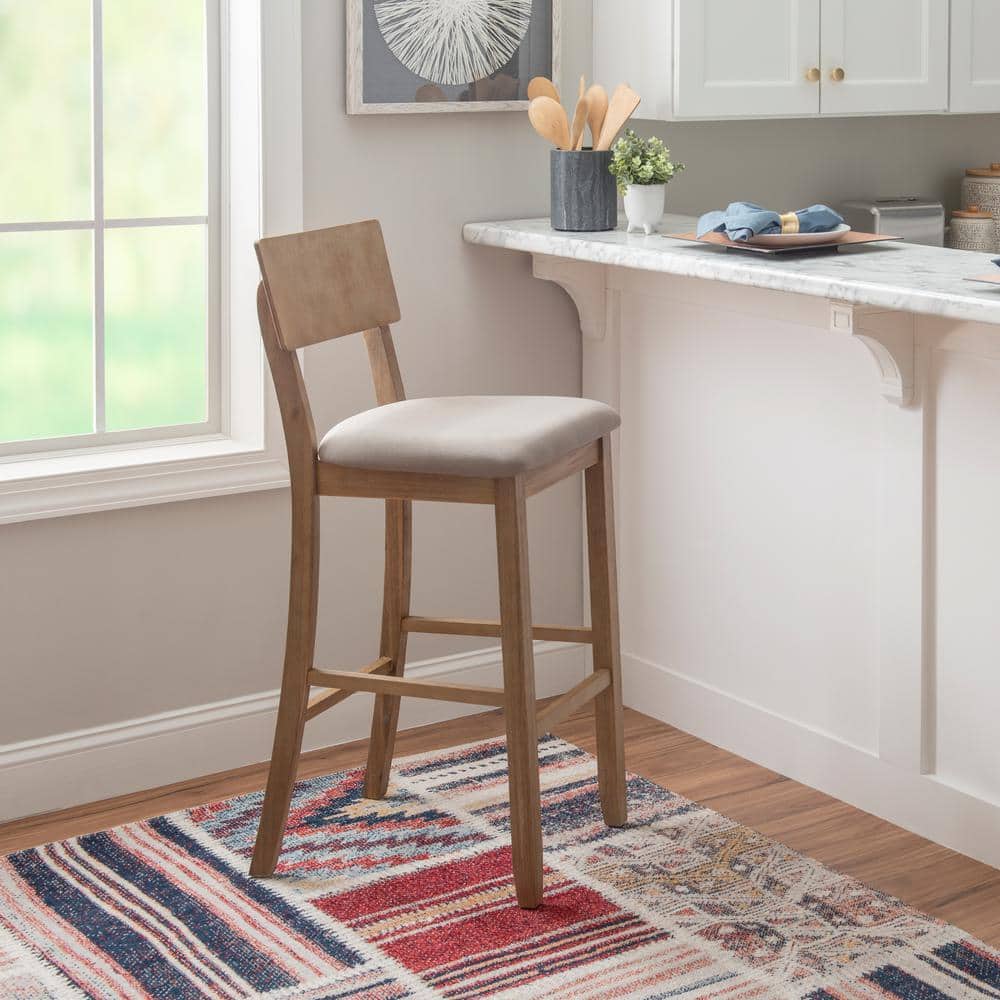 Rustic Gray Wash 46" Acacia Wood Bar Stool with Light Gray Linen Cushion