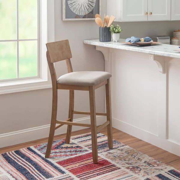 Rodman 31.5 in. Graywash High Back Wood Bar Stool with Gray Fabric Seat