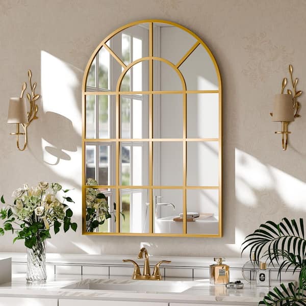Gold 24 in. W x 36 in. H Arched Windowpane Aluminum Alloy Framed Mirror Wall Mirror