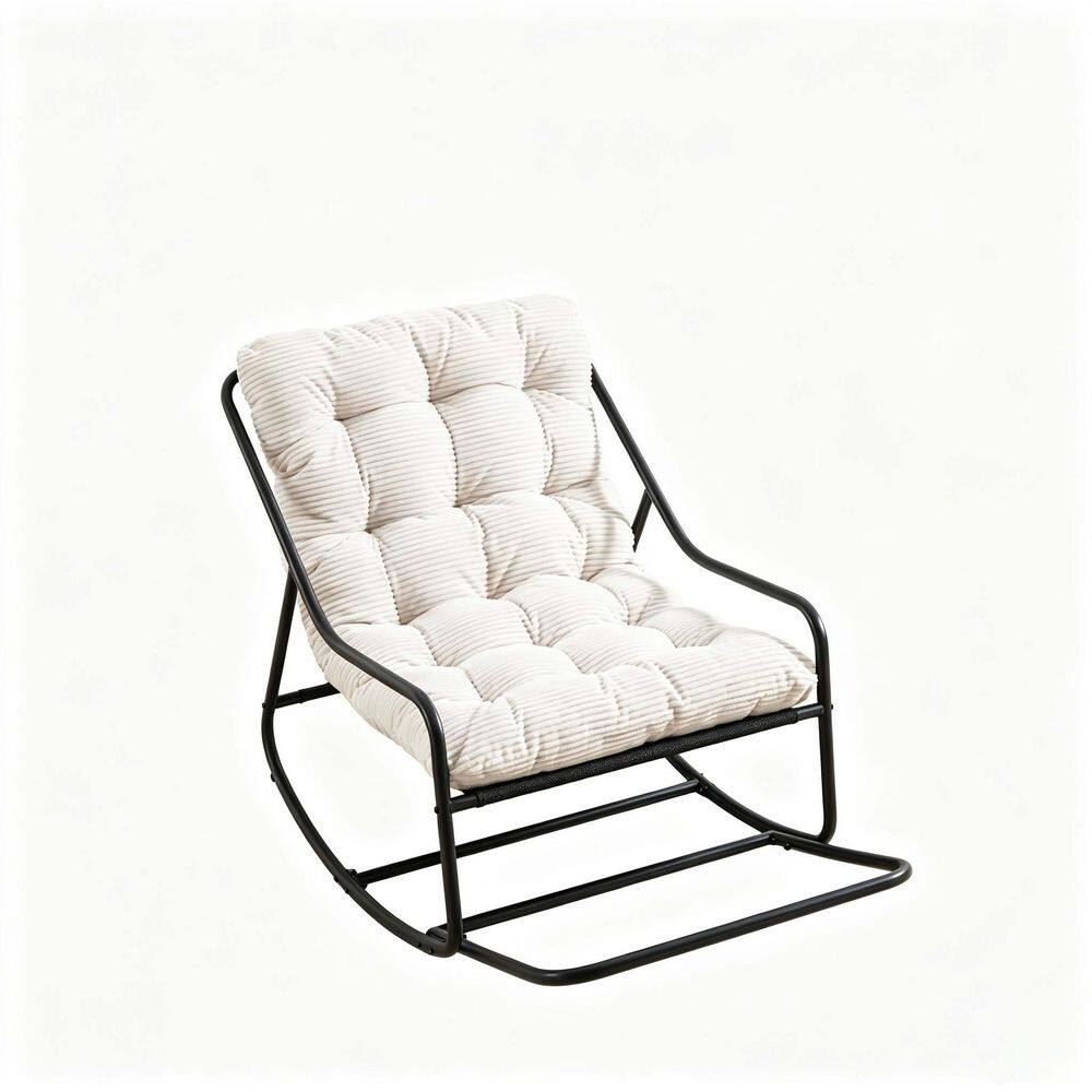 Black Metal Outdoor Rocking Chair with Beige Cushions