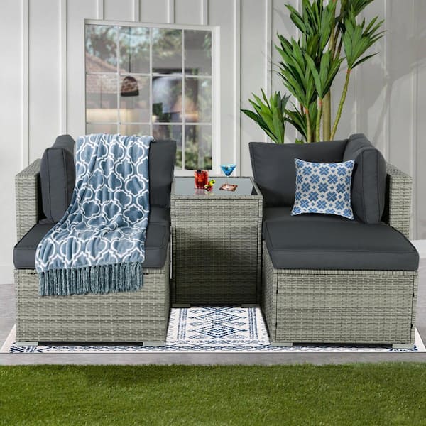 MIRAFIT 5 Pieces Outdoor Rattan Sectional Sofa Patio Wicker Furniture Sets with Coffee Table and Gray Cushions