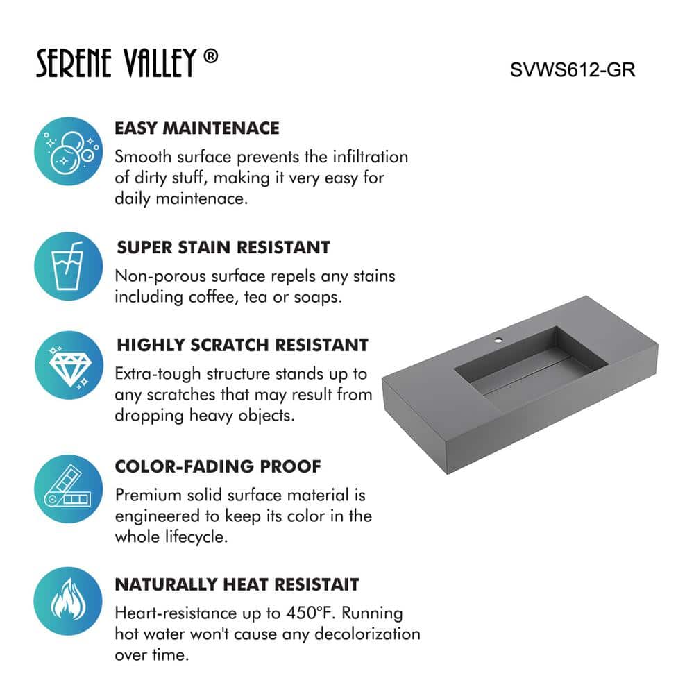 40" Matte Gray Rectangular Wall-Mount Solid Surface Vessel Sink
