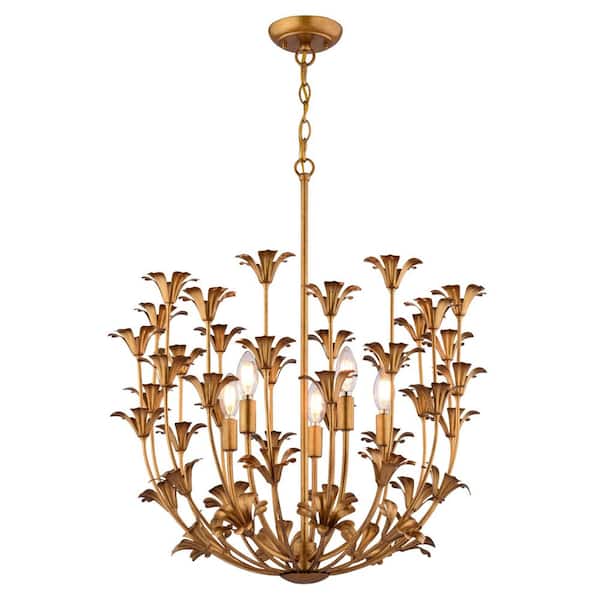 Camellia 5-Light Gilded Gold Pendant with Metal Flower Shade, Adjustable Height, Ceiling Chandelier Dining Room Fixture