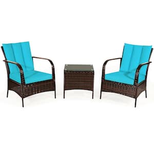 3-Piece Wicker Patio Conversation Set with Turquoise Cushions and Glass-Top Table