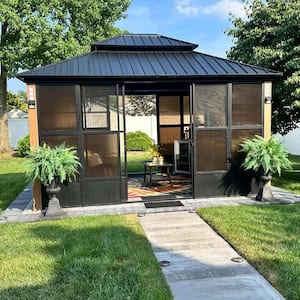 12ft.x14ft. Sunroom Hardtop Gazebo Solarium Galvanized Steel Double Roof Aluminum Screen House Patio Deck Backyard Brown