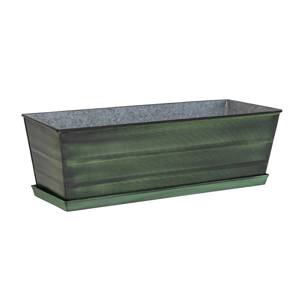 Medium Green Galvanized Steel Rectangular Flower Box Planter with Tray