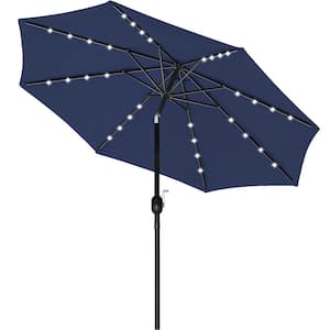 9 ft.3 2 LED Lighted Sola Navy Blue Steel Patio Market Umbrella Push Button Tilt/Crank for Garden, Deck, Backyard, Pool