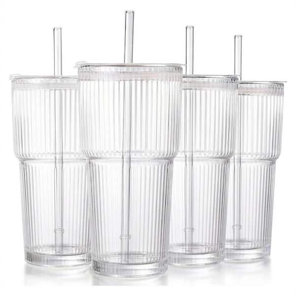 Unbranded 20 oz Clear Glass Ribbed Tumbler Transparent Glass Family Glass  Drinkware Set of 4 with Lid and Straw Reusable 29ESA05649