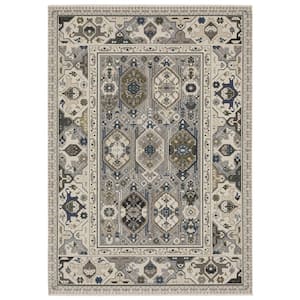 Hunter Ivory/Blue 5 ft. x 8 ft. Persian Oriental Geometric Polyester Fringe-Edge Indoor Area Rug
