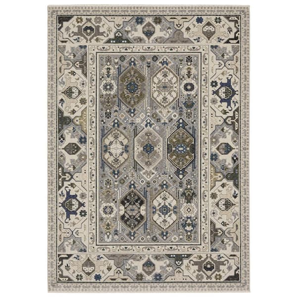 AVERLEY HOME Hunter Ivory/Blue 6 ft. x 9 ft. Persian Oriental Geometric Polyester Fringe-Edge Indoor Area Rug