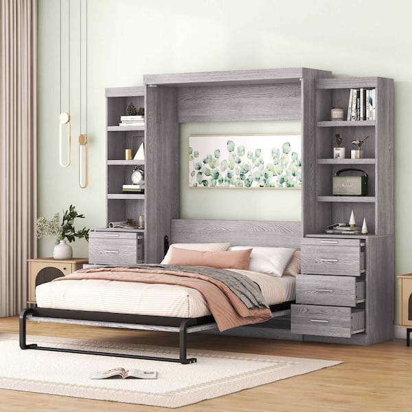 Gray Wood Frame Full Size Murphy Bed with Storage Shelves and Drawers