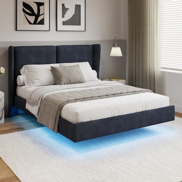 Gray Wood Frame Queen Size Platform Bed with LED Light and Wingback