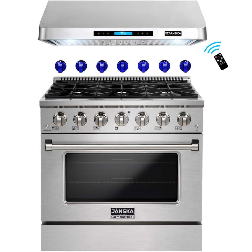 36 in. 900 CFM Ducted Under Cabinet Range Hood and 36 in. 5.2 cu. ft. Gas Range with Convection Oven and 2 Sets of Knobs