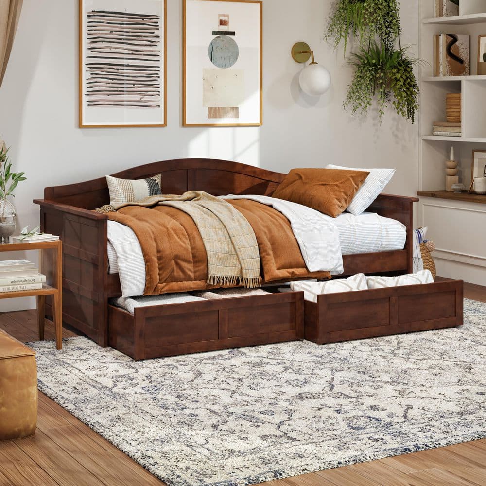 Acadia Walnut Twin Wood Daybed with 2 Storage Drawers