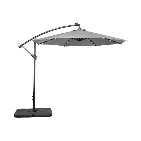 WESTIN OUTDOOR Bayshore 10 ft. Outdoor Patio Crank Lift LED Solar Powered Cantilever Umbrella with 4-Piece Base Weights in Gray