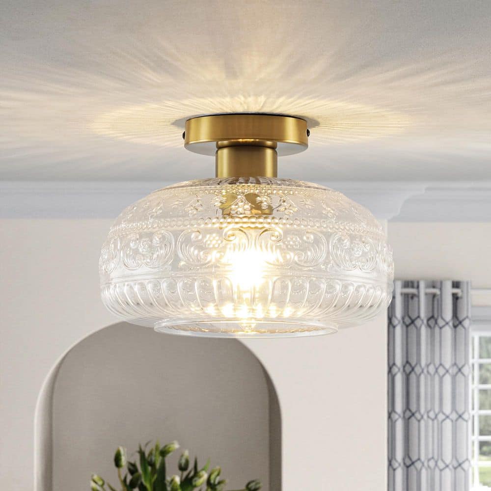 Adarna 1-Light 11.02 in. Brushed Gold Traditional Patterned Jar-Shaped Glass Semi-Flush Mount Ceiling Light price history on PriceWatchPro