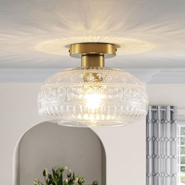 Adarna 1-Light 11.02 in. Brushed Gold Traditional Patterned Jar-Shaped Glass Semi-Flush Mount Ceiling Light
