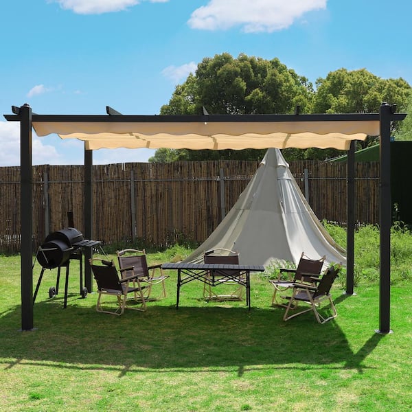 VEIKOUS 13 ft. W x 10 ft. D Aluminum Pergola Outdoor with Beige Retractable Canopy