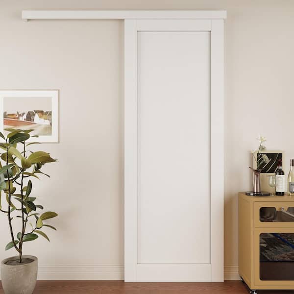 36 in. x 96 in. Hidden Track Style Paneled 1-Lite White Primed MDF Sliding Barn Door with Hardware Kit