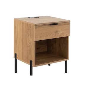 Natural 18 in. W Nightstand with Charging Station Drawer Compartment Modern Side End Table
