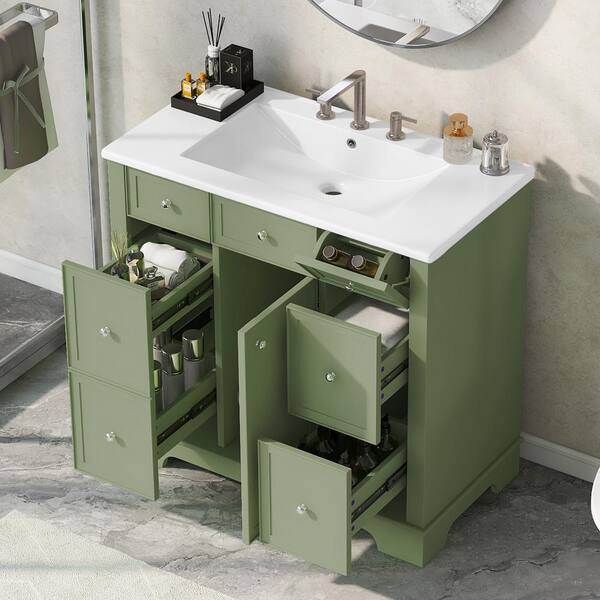 Unbranded 36 in. W x 18 in. D x 34 in. H Freestanding Bath Vanity in Green with White Ceramic Top