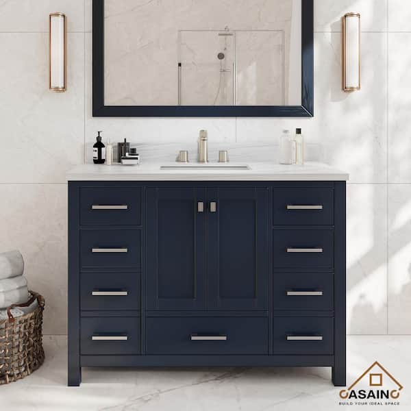 CASAINC 48 in. W x 22 in. D x 35.4 in. H Single Sink Solid Wood Bath Vanity in Navyblue with White Natural Marble Top and Mirror