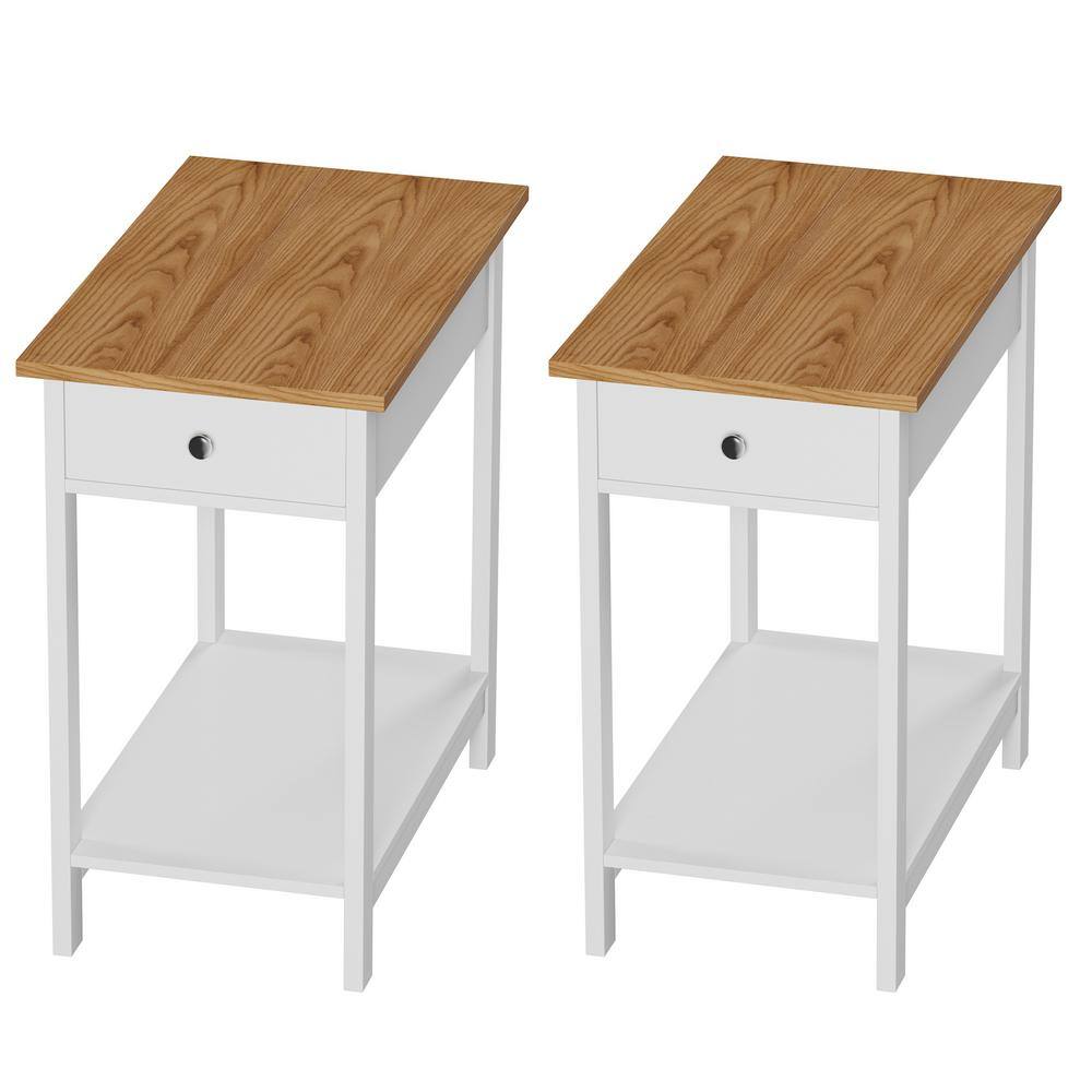 White and Honey Oak Slim End Tables with Drawer, Set of 2