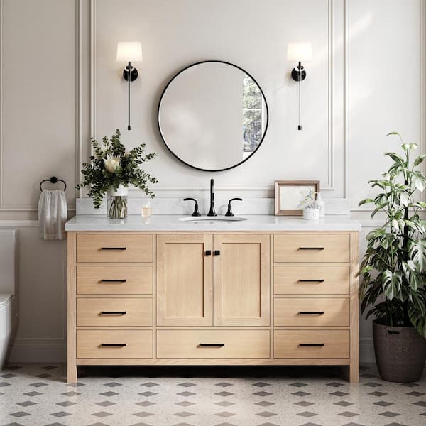 ARIEL Cambridge 67 in. W x 22 in. D x 36 in. H Single Freestanding Bath Vanity in Oak with Italian Carrara Marble Top
