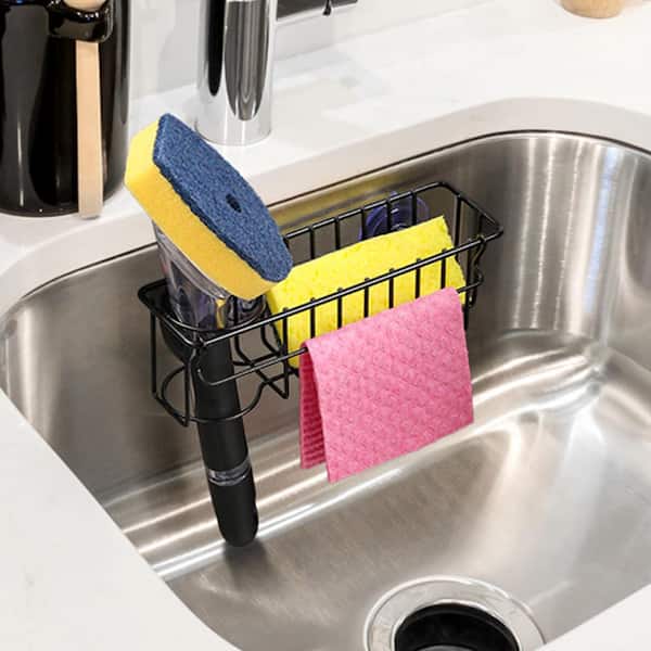 304 Stainless Steel Sponge Holder with Suction Cups and Adhesive Hook for Kitchen Sink Organization (Black)
