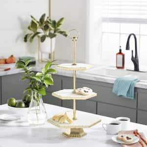 White Marble 3 Decorative Tiered Server with Gold Base