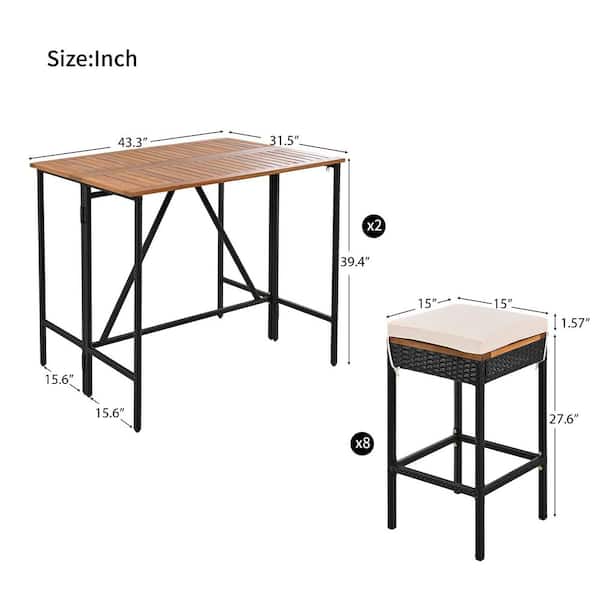 10-Piece Outdoor Acacia Wood Bar Height Table, Eight Stools
