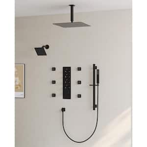 15-Spray Patterns 16 and 6 in. Square Ceiling and Wall Mount Dual Shower Head 2.5 GPM in Matte Black (Valve Included)