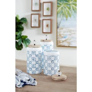 Blue Metal Floral Decorative Jars with Wood Lids (Set of 3)