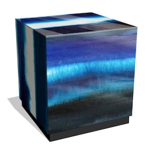 "Blue Run Off II" by Grace Popp Reverse Printed Multi Color Art Glass Square Side Table with Plinth Base, 22''x22''