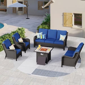 Janus Brown 5-Piece Wicker Patio Fire Pit Conversation Seating Set with Navy Blue Cushions