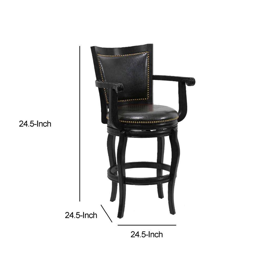 Hugo 29" Adjustable Swivel Barstool with Wood Arms in Black Leather