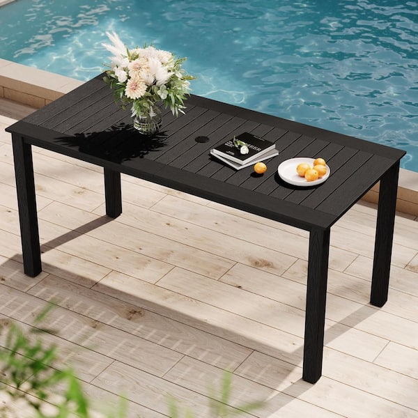 67 in. Black Plastic Outdoor Patio Dining Table for 4-6 Persons with Umbrella Hole