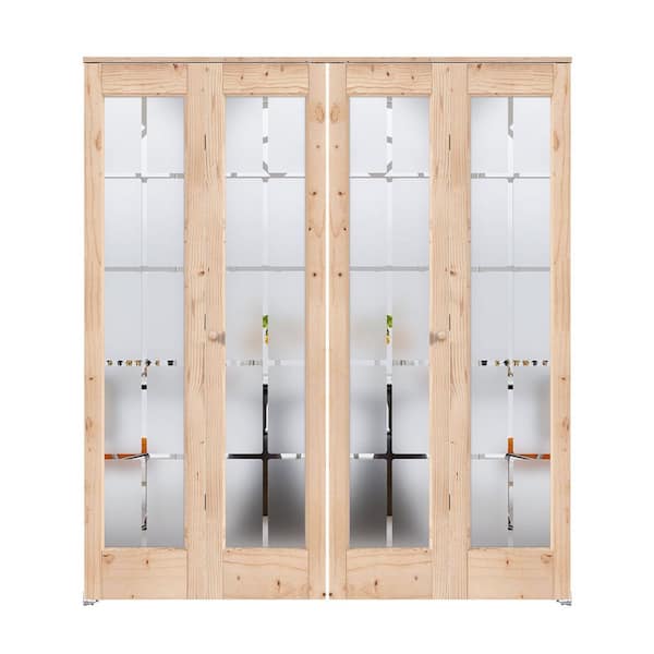 48 in. x 80 in. 2-PACK Full-Lite Frosted Glass Unfinished Spruce Solid Core Wood Interior Bi-Fold Door with Hardware